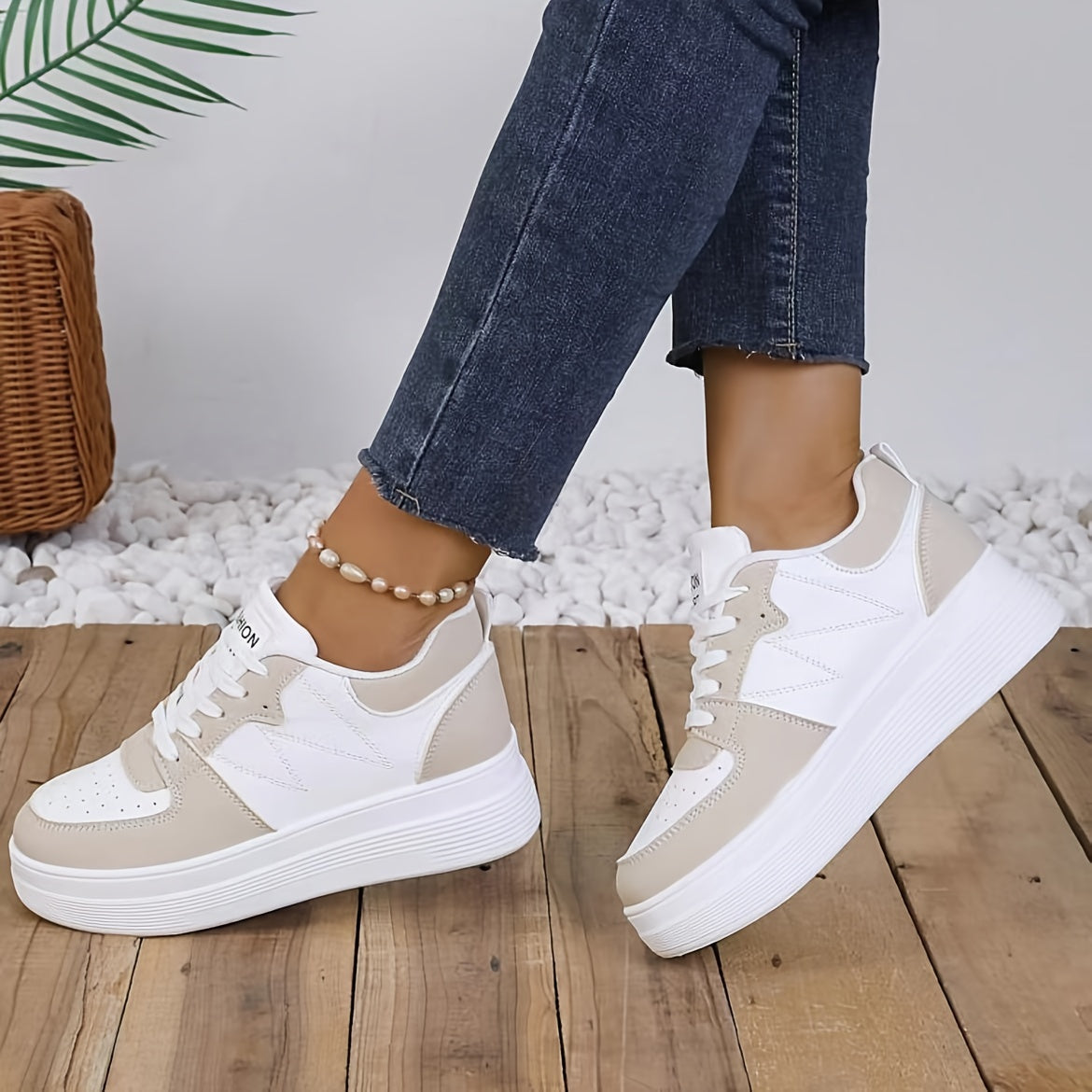 Women's White Beige Lace-Up Sneakers Synthetic Rubber Sole All-Season Casual