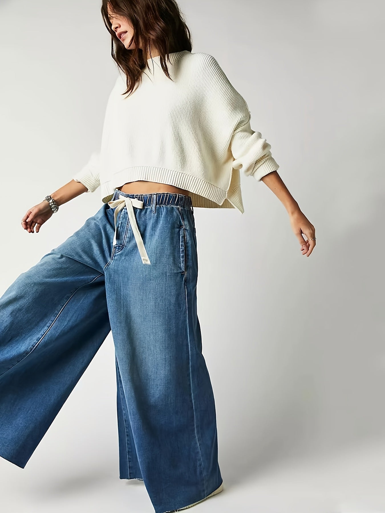 Women's High-Waisted Wide Leg Denim Jeans Casual Solid Cotton-Polyester All-Season