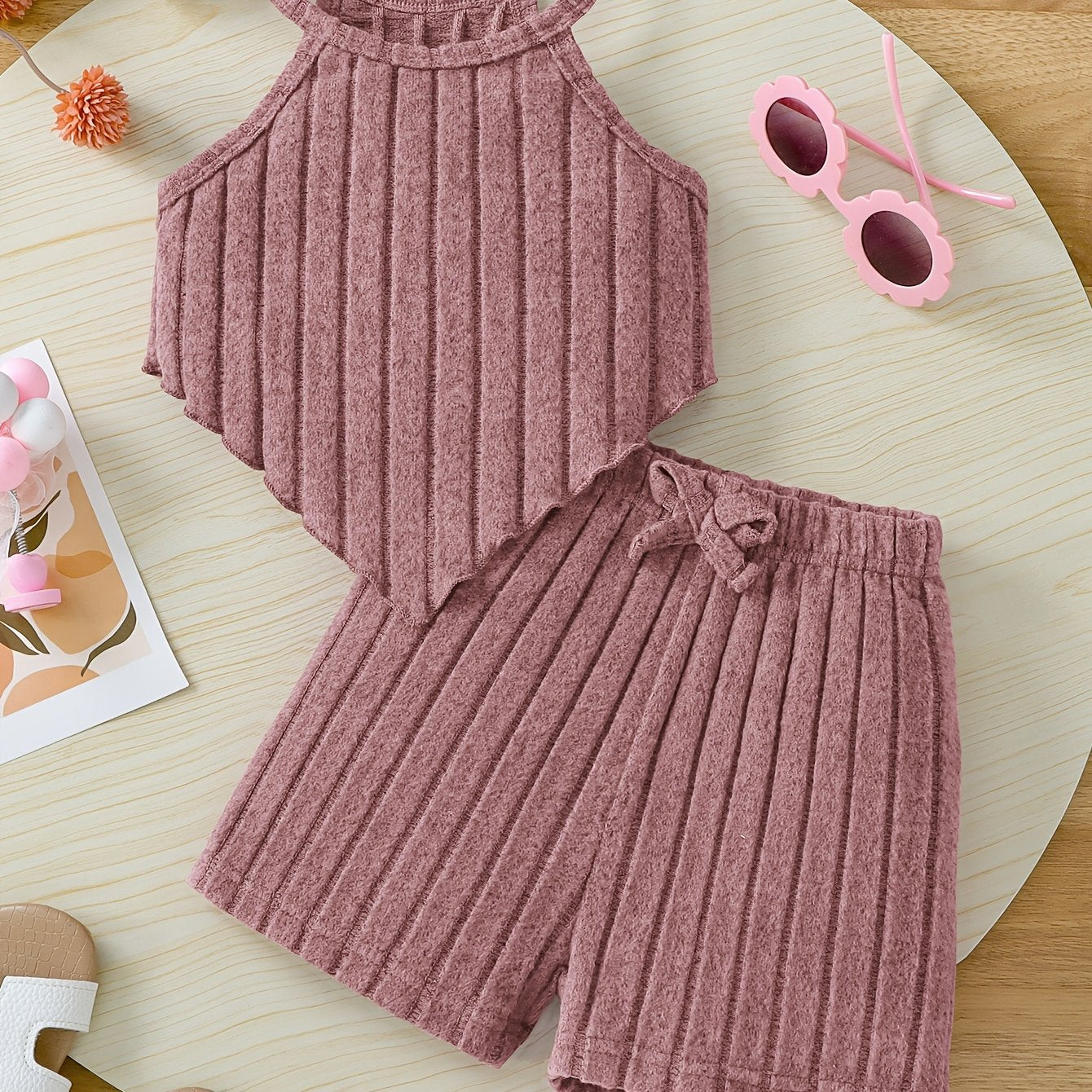 Летний комплект для девочек включает топ-корсет и фиолетовые шорты из трикотажной ткани, моется в машине, подходит для активного отдыха