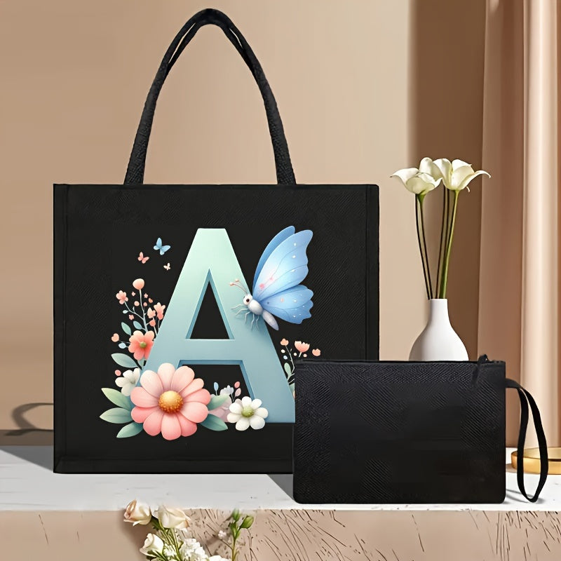 Set of 2 Floral Letter Print Canvas Tote Bags Large Handbag with Clutch Pouch