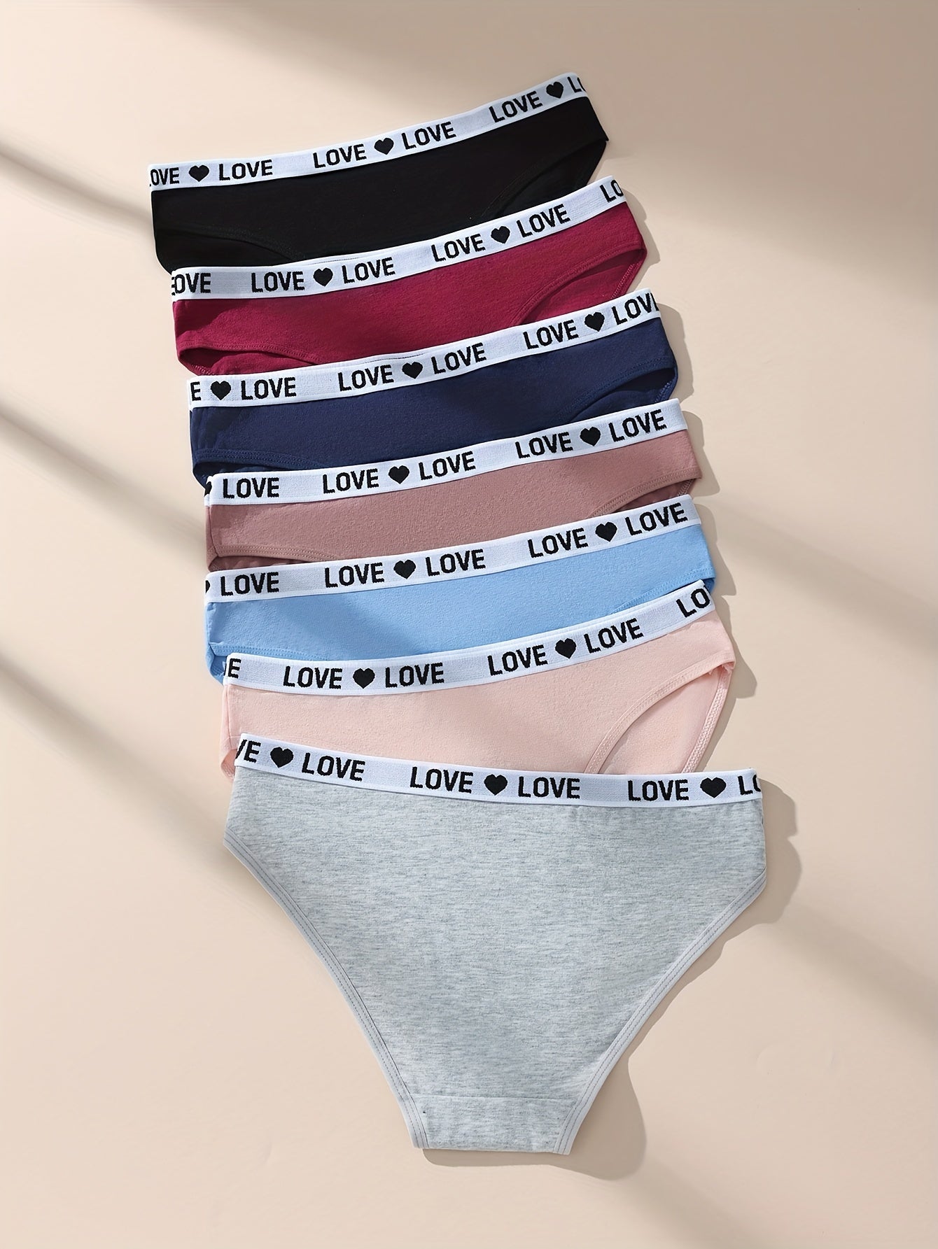 7-Piece Women's Cotton Briefs Set with Letter and Heart Tape Design Breathable Stretchy Lingerie