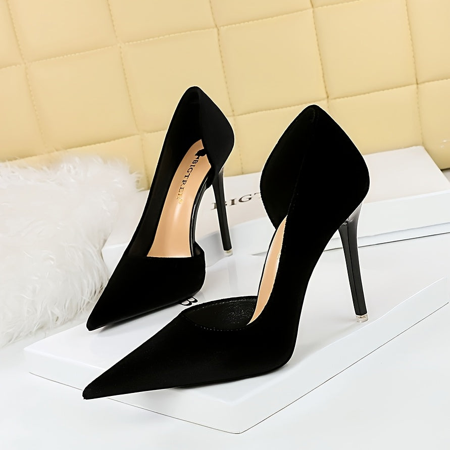 Women Faux Fur Pointed Toe Stiletto Heels Black Gold Accents