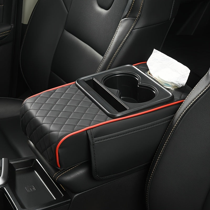 Faux Leather Car Armrest Storage Box Universal Fit All-Season Organizer for Water Cups Phones Tissues