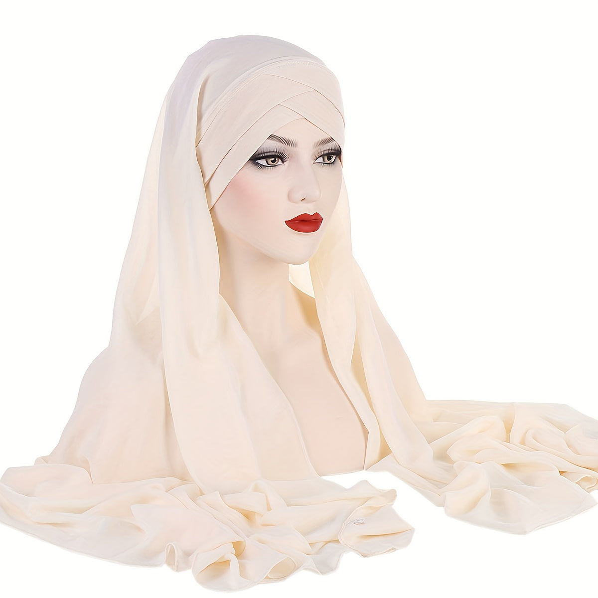 Ayollar uchun Chiffon Instant Hijab bir hil rangda, ostki qopqog' bilan va nafas oladigan elastik peshona bandi bilan quyoshdan himoyalanish uchun