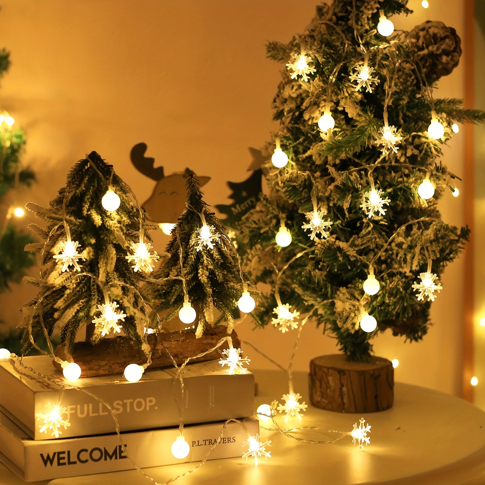 Luces de cadena de bolas blancas de copo de nieve para Navidad, decoración de árbol interior