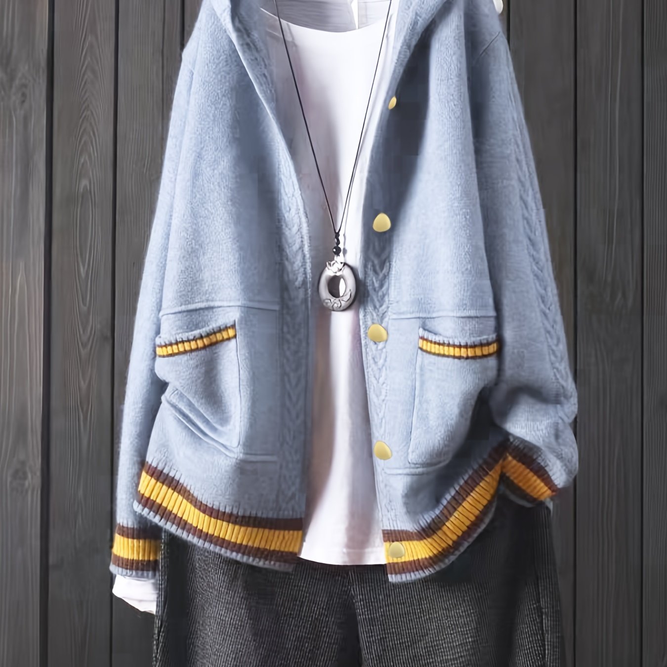 Cárdigan de punto con capucha y bloques de color para mujer talla grande