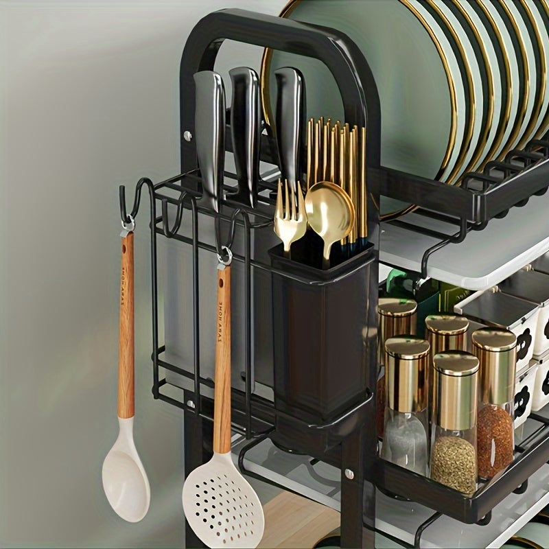 3-Tier Black Dish Drying Rack with Drainboards Utensil and Cutting Board Holders Kitchen Counter Organizer