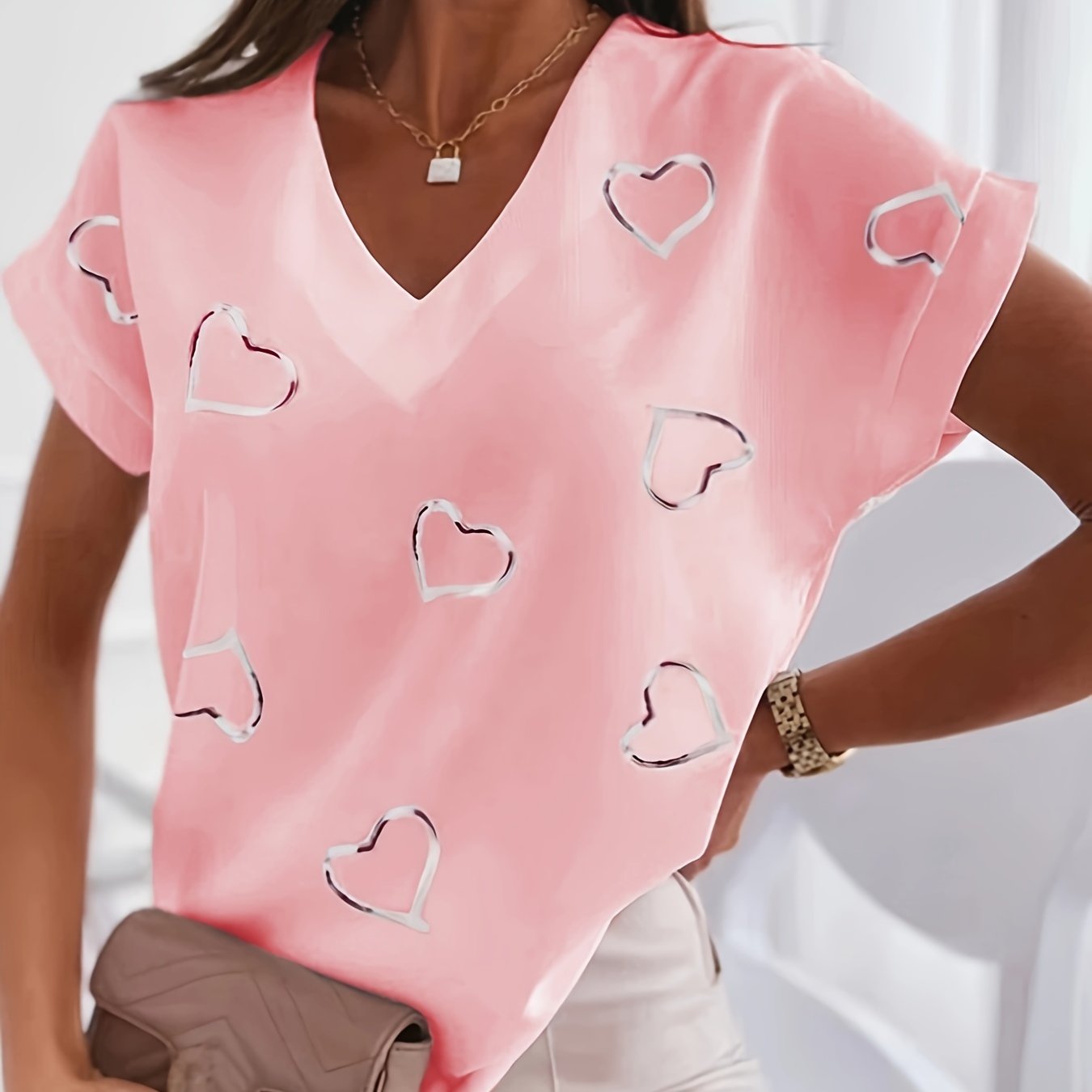 Women's Summer V-Neck T-Shirt with Red Heart Print Short Sleeve Breathable Polyester Blend