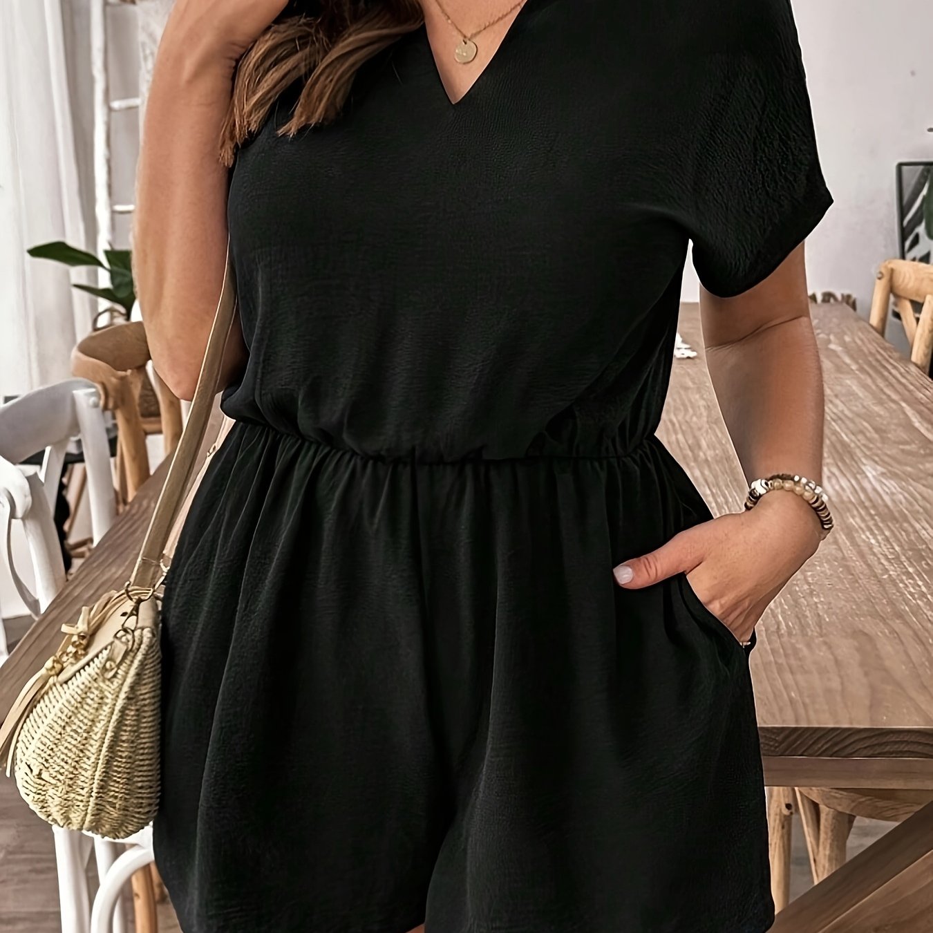 Plus Size Women's V-Neck Short Sleeve Jumpsuit Black Summer Romper