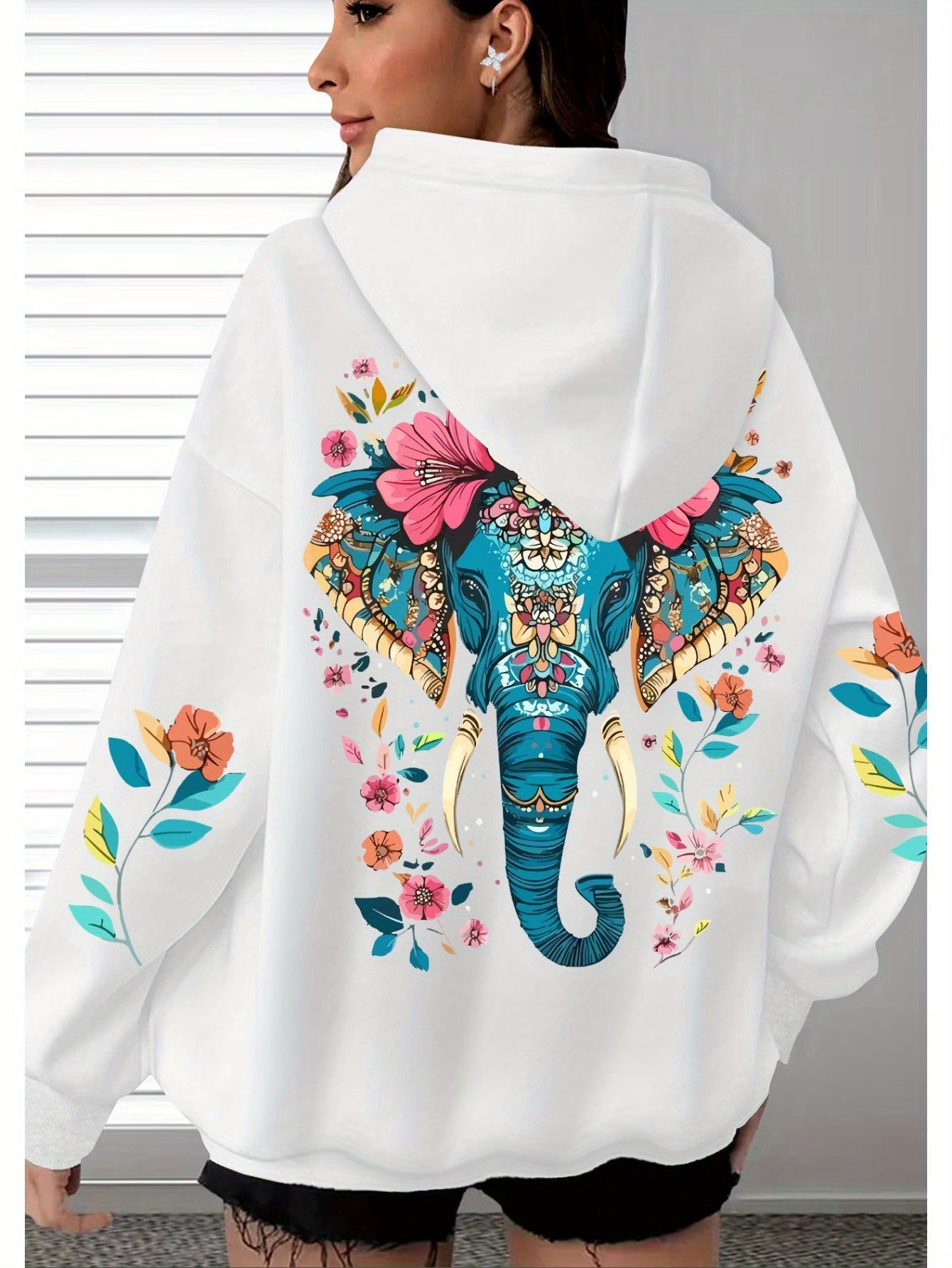 Women's Oversized Hoodie Pullover with Elephant Floral Back Print