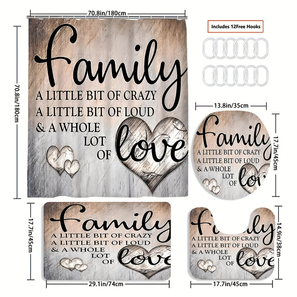 Bathroom Decor Set Includes 4 Pieces Water-Resistant Polyester Non-Slip Mat Rug Toilet Lid Cover and Hooks