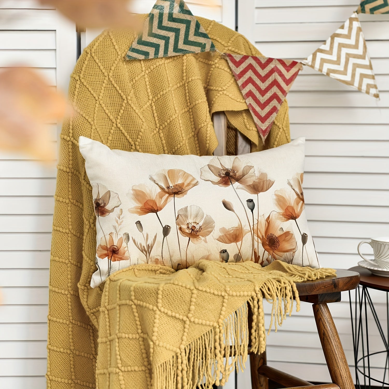 Autumn Poppy Floral Throw Pillow Cover 30x50 Linen Blend Fall Orange Brown