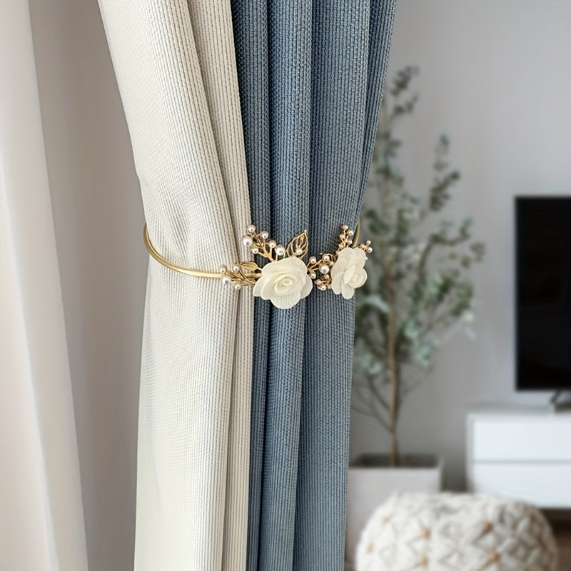 Metal Faux Pearl Curtain Holdback with 3D Flower Design for Bedroom Living Room Kitchen Office