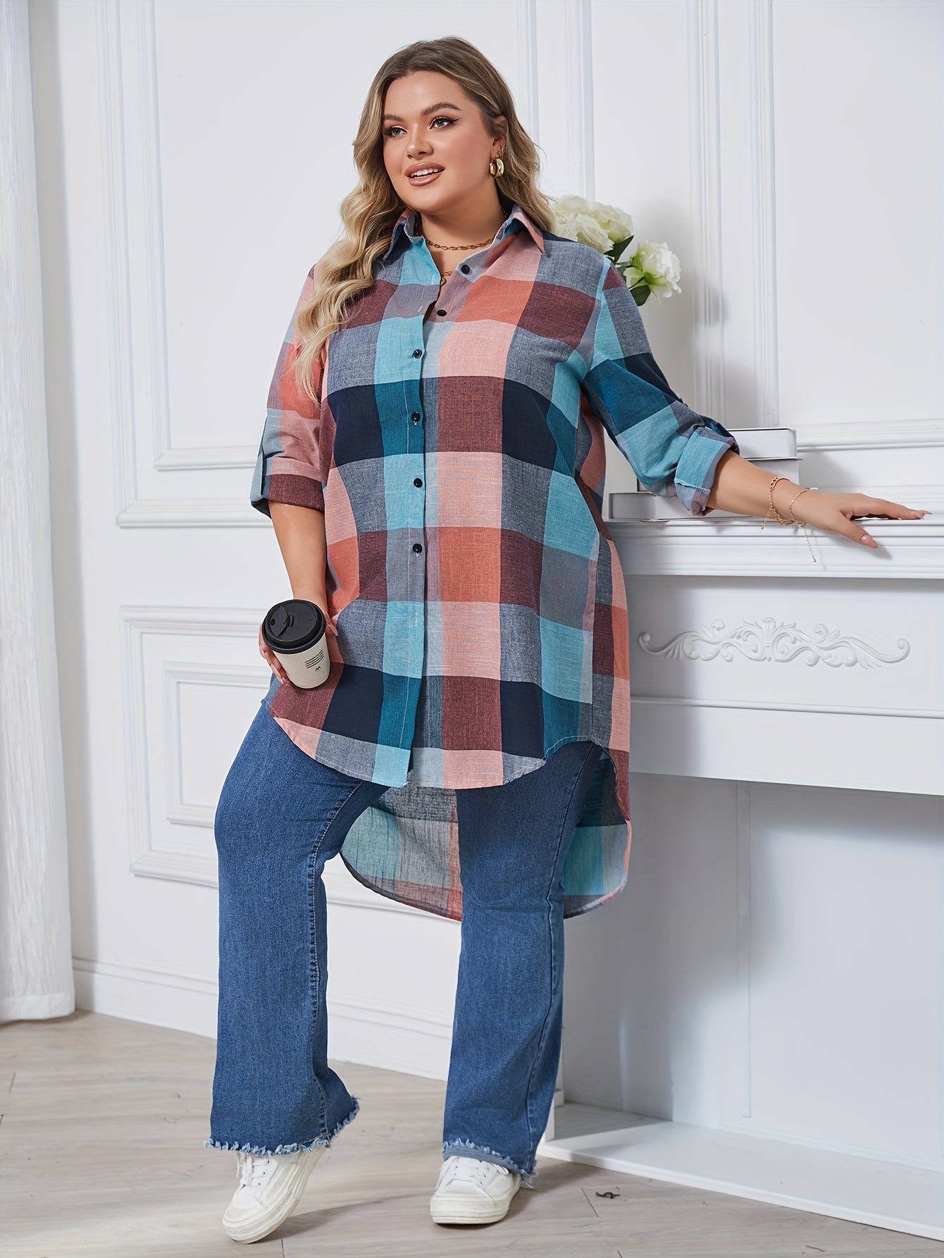 Plus Size Women's Casual Checkered Shirt Longline Button-Up Navy White Grid