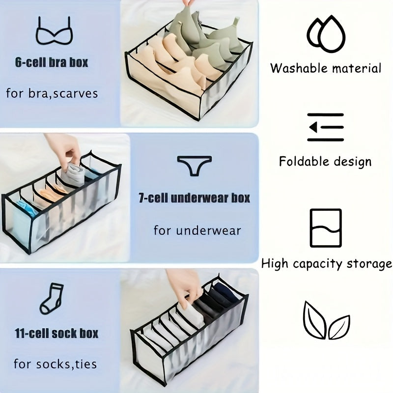Set of 3 Foldable Closet Organizer Bins with 6, 7, and 11 Compartments for Underwear Socks Storage