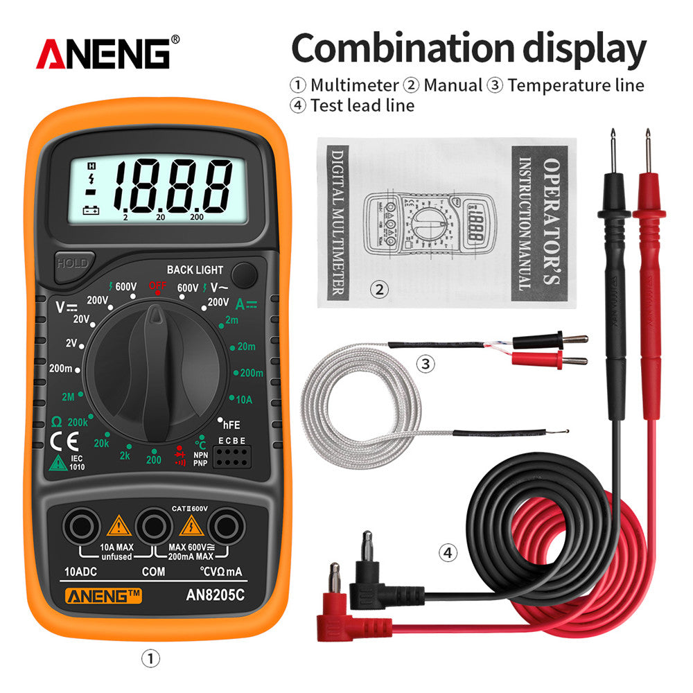 Digital Multimeter Auto Range Backlight AC/DC Volt Amp Ohm Tester Portable with Thermocouple