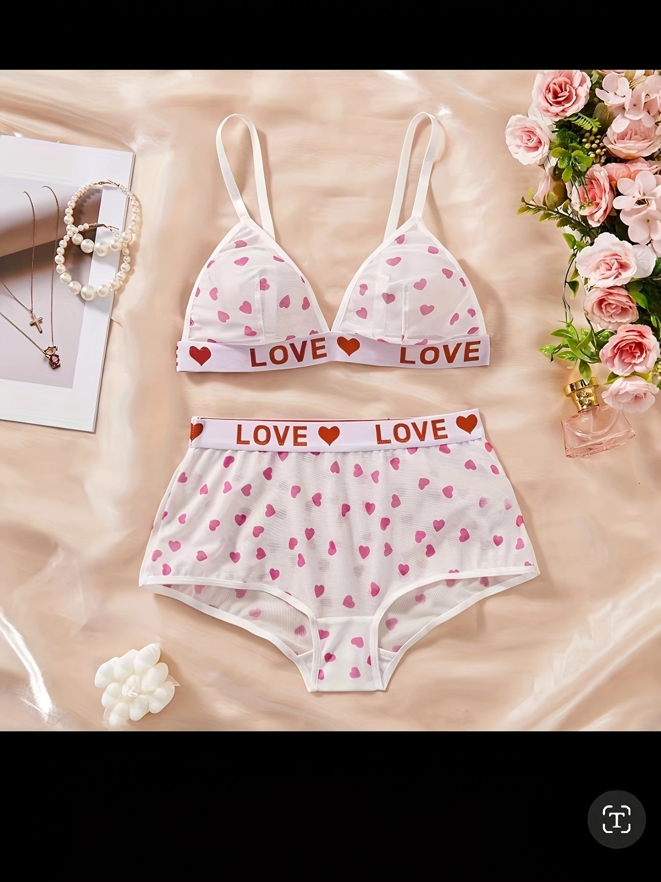 Women's Spaghetti Strap Heart Letter Lingerie Set Sexy Intimates