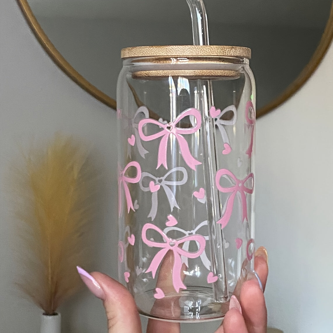 16oz Heart-Shaped Glass Cup with Lid and Straw for Coffee Milk Juice Gift