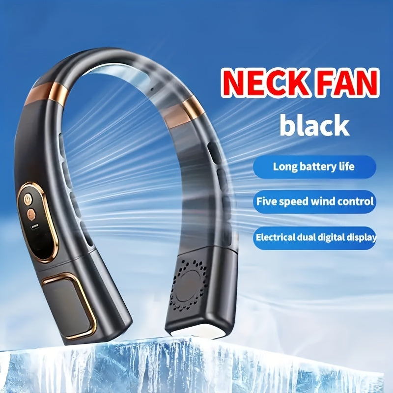 Unisex Portable Neck Fan with Digital Display 7-Color LED 5-Speed Rechargeable Battery for Travel and Sports