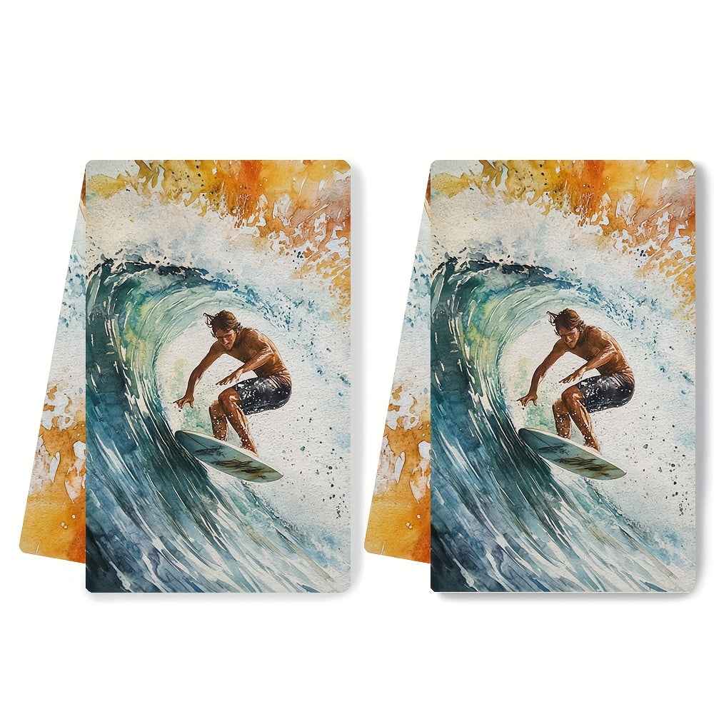 Set of 2 Ultra Soft Surfing Dish Towels, Vibrant Design, Absorbent, Quick-Dry