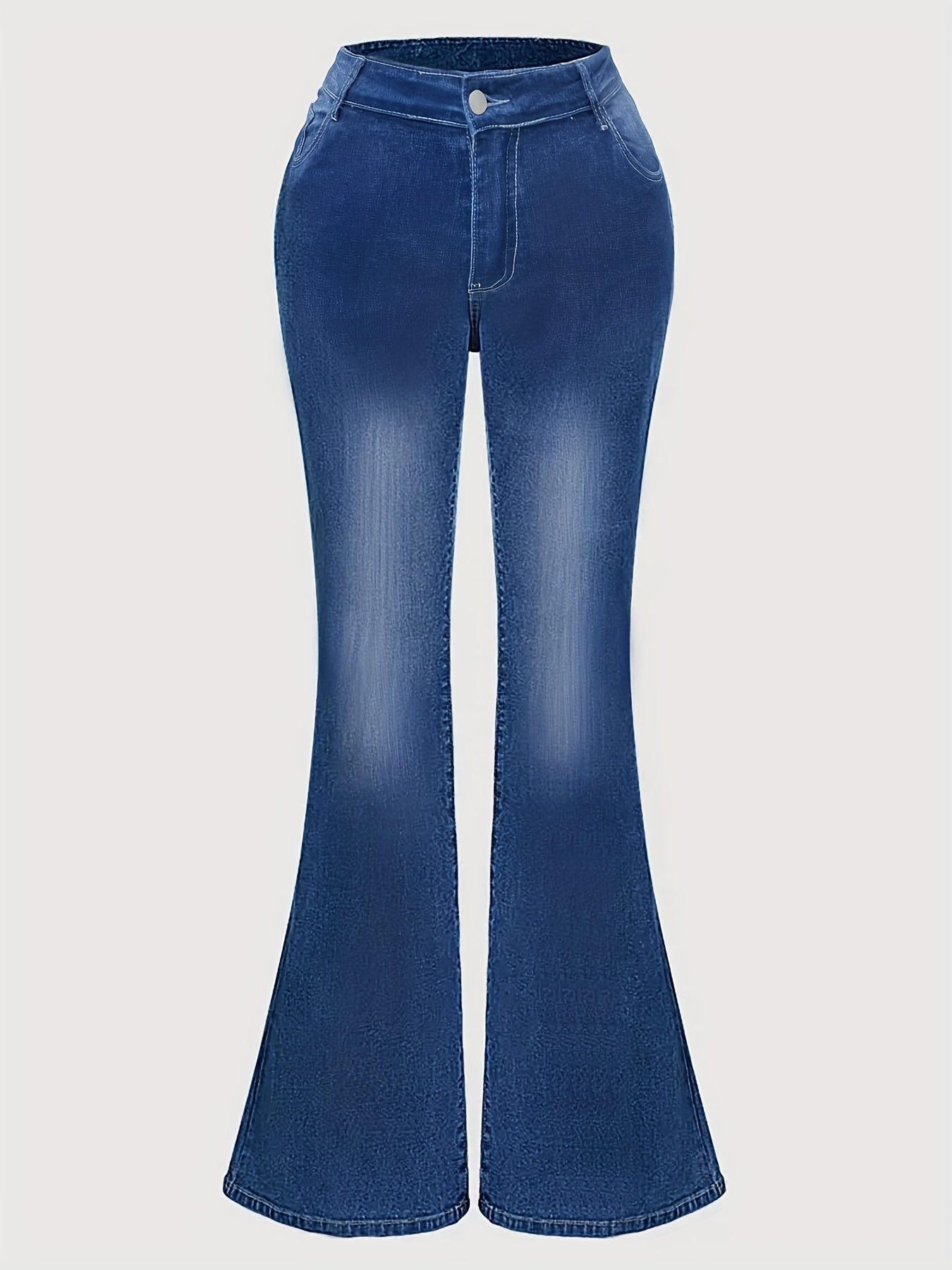 Plus Size Women's Washed Denim Flared Pants High-Waisted Stretch Long Jeans