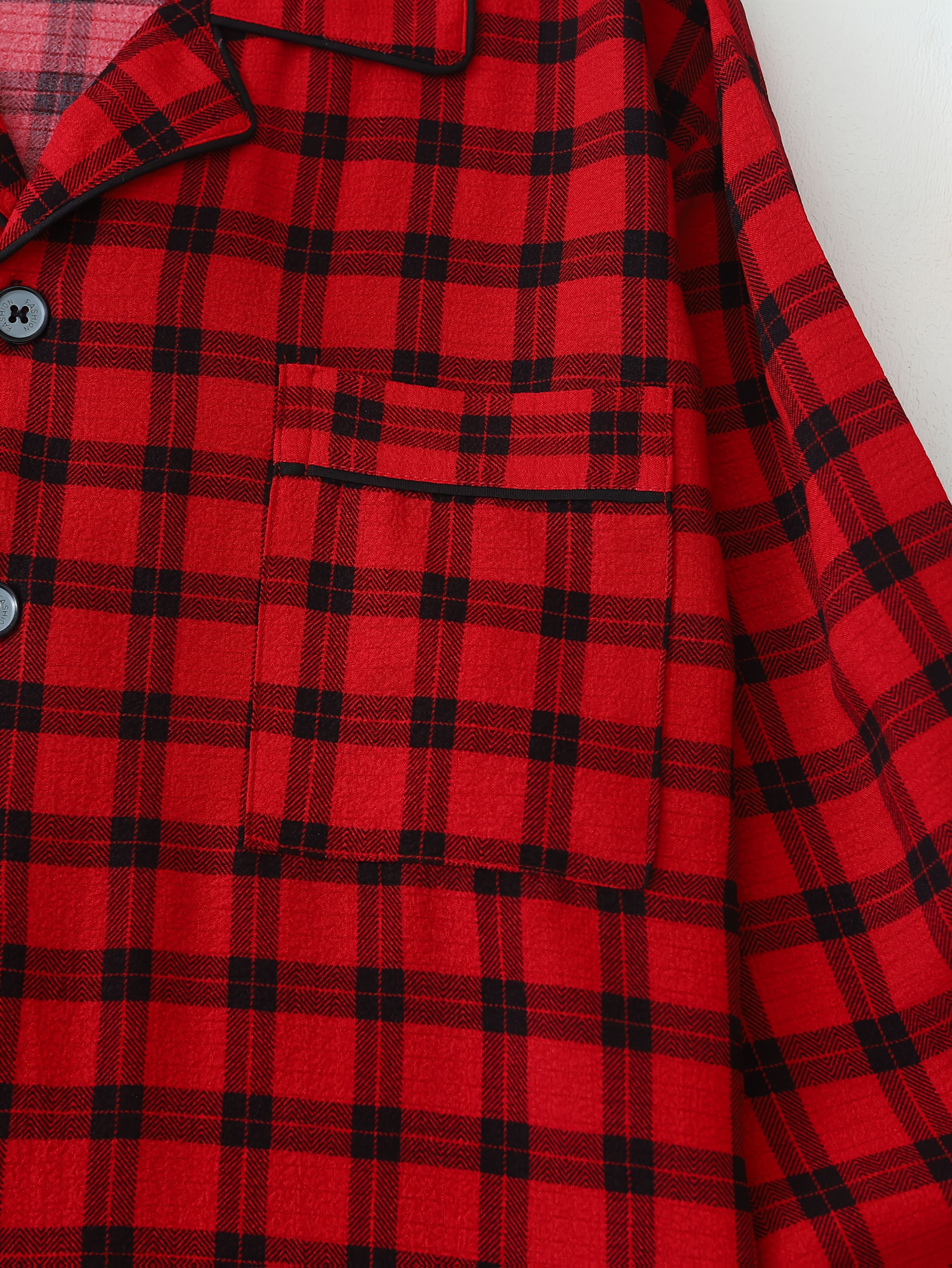 Men's Red Plaid Pajama Set Long Sleeve Polyester Knit Casual Sleepwear