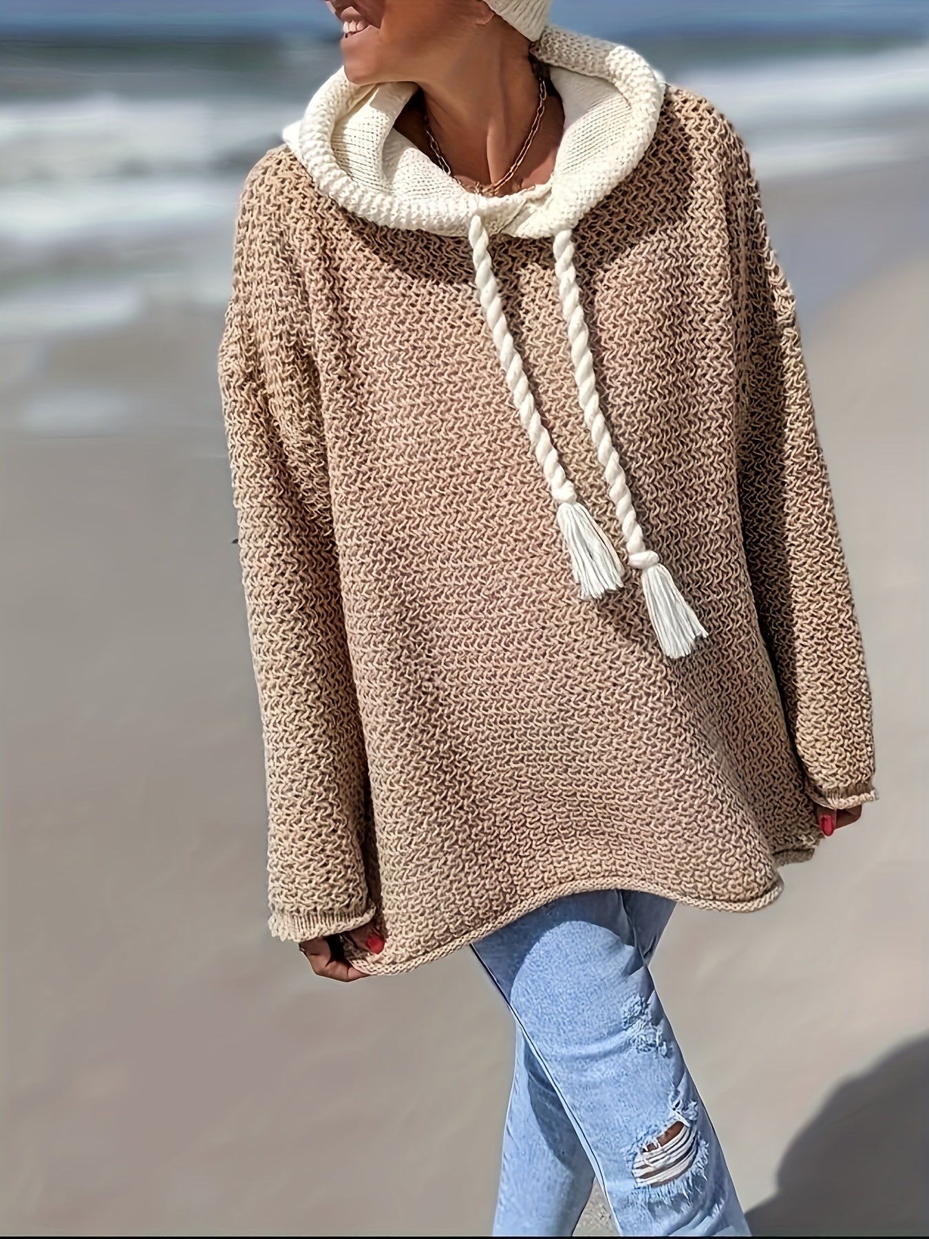 Plus Size Women's Beige Hooded Sweater with Tassel Detail Long Sleeve Pullover for Fall Winter