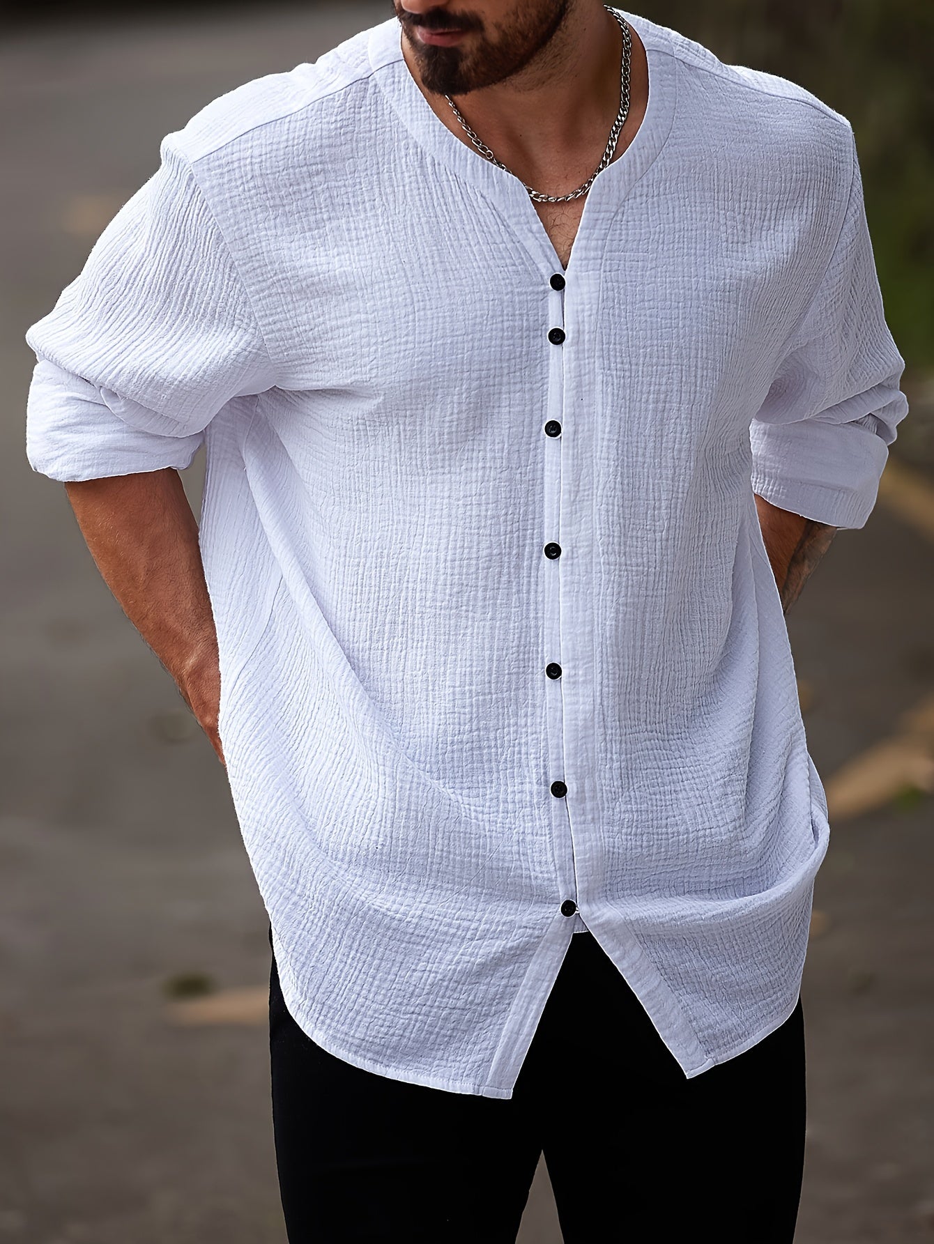 Men's Cotton Casual Shirt Large Crew Neck Solid Color Spring Fall