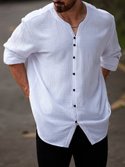 Men's Cotton Casual Shirt Large Crew Neck Solid Color Spring Fall