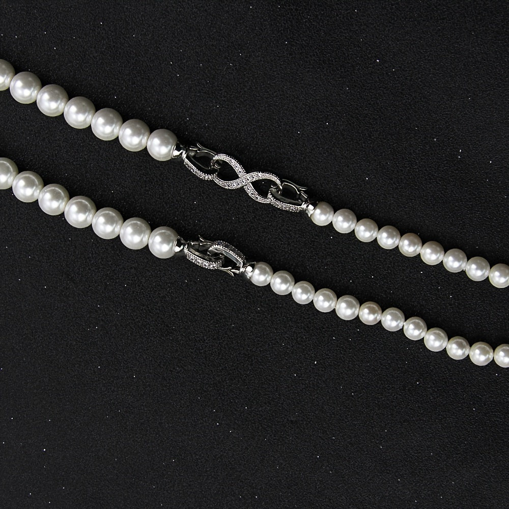 Women's Double Strand Shell Pearl Necklace with Zirconia Inlay and Infinite Clasp