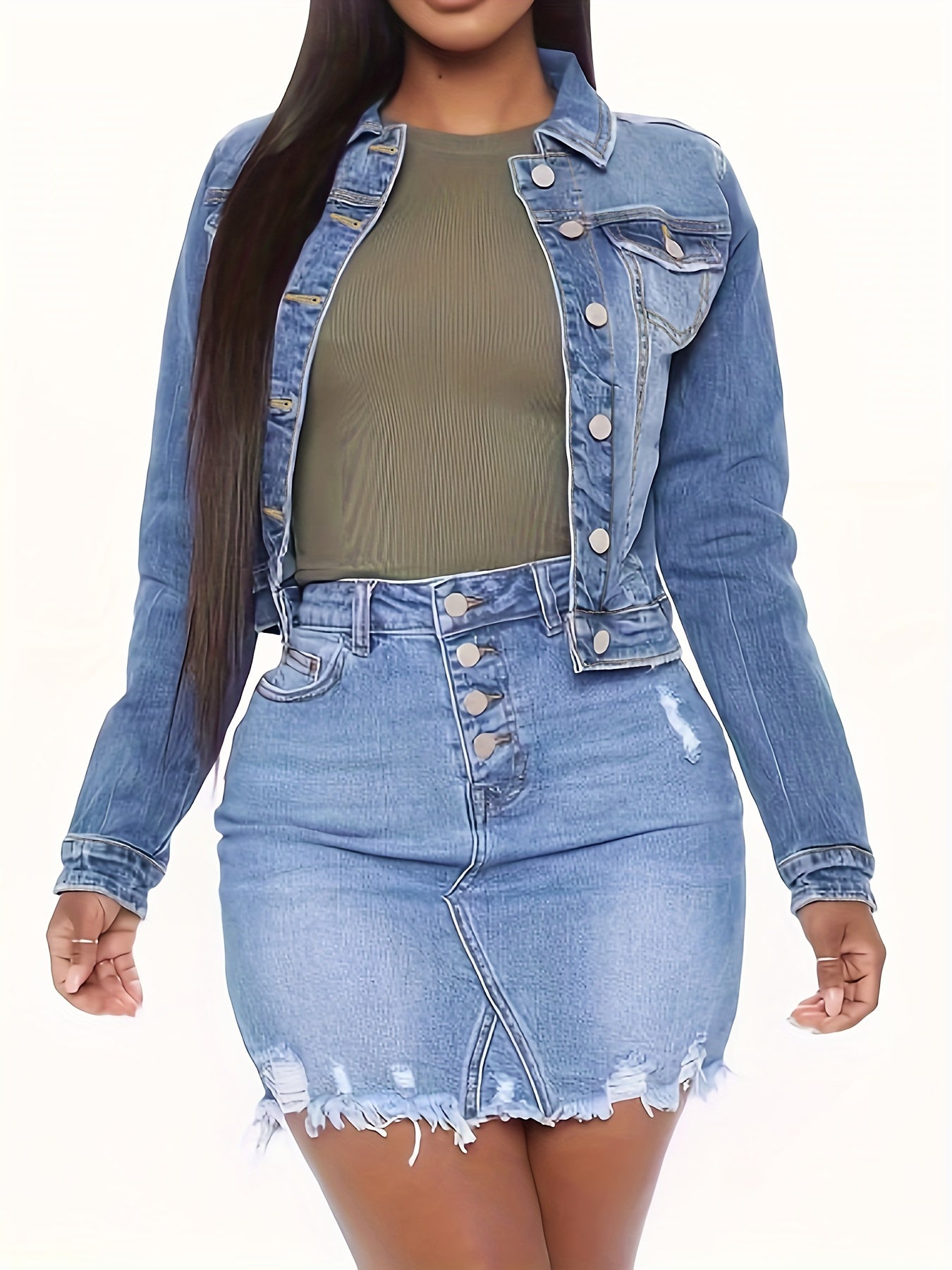 Women's Light Blue Denim Jacket with Flap Pockets Long Sleeve Spring Fall
