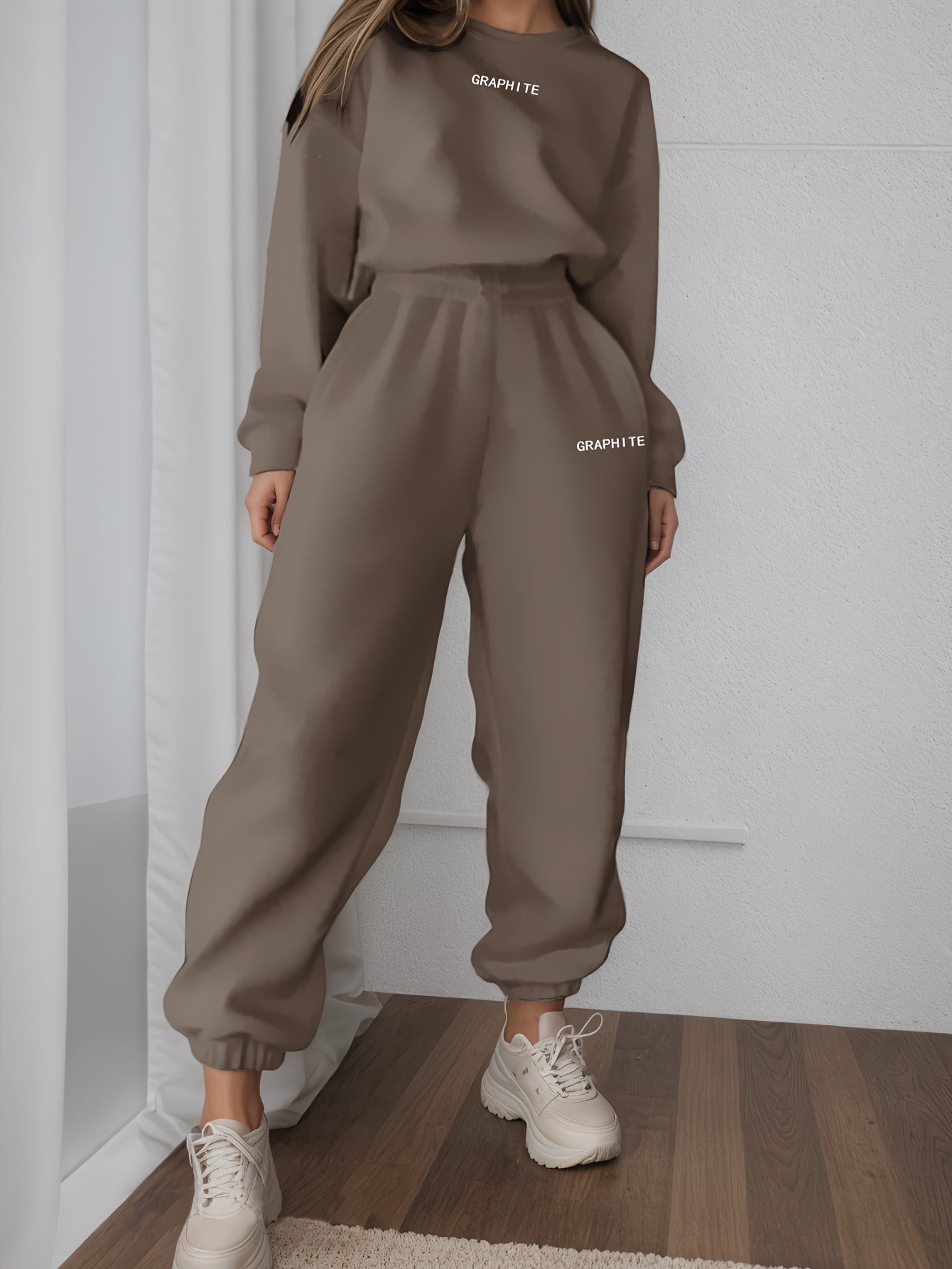 Plus Size Women's Casual Sportswear Set Polyester Brown Joggers Sneakers