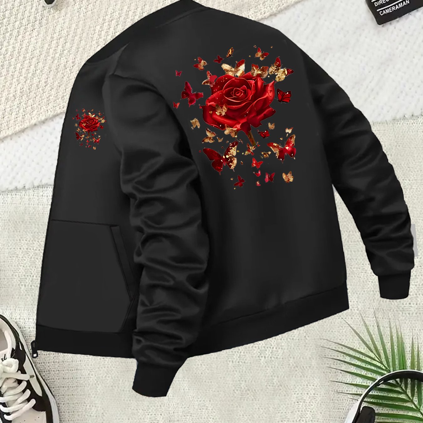 Women's Plus Size Floral Print Bomber Jacket Long Sleeve Zip-Up Black Red Roses Butterflies