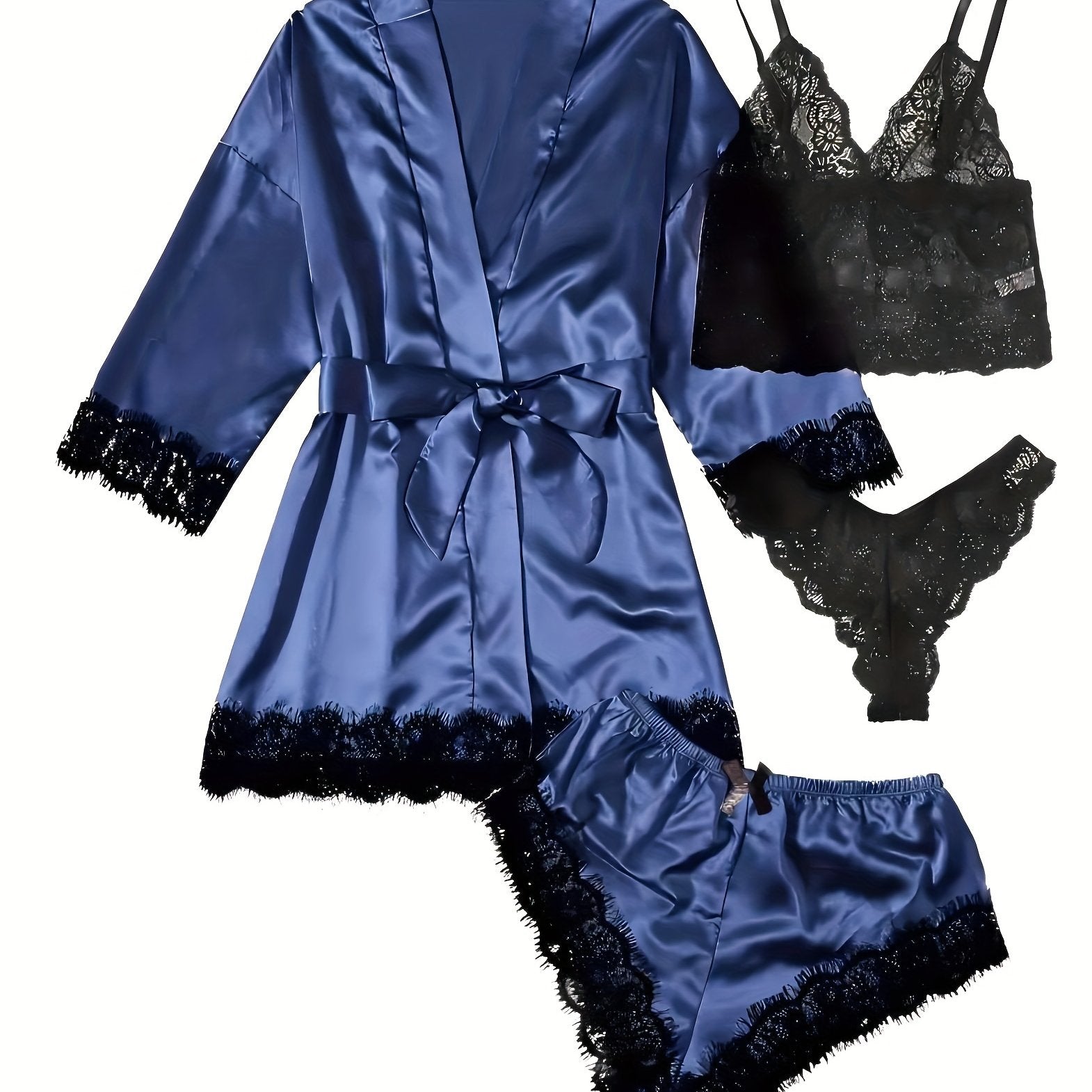 Lace Trim Sleepwear Set with Glossy Pajamas 4 Pieces for Adults