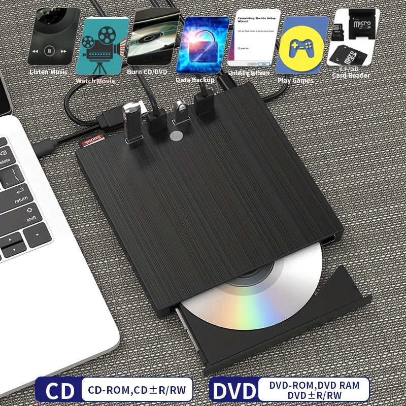 Portable DVD/CD Drive with USB 3.0 and USB-C Compatibility Black 7-in-1