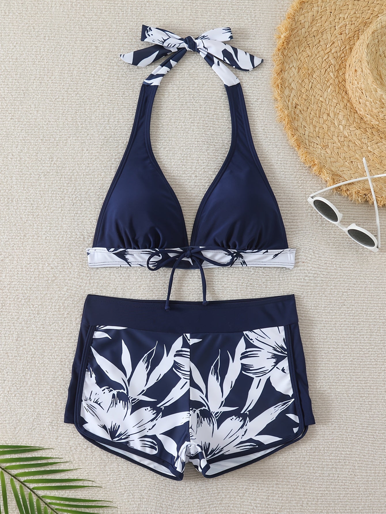 Floral Print Bikini Set with Black Halter Top and High-Waisted Shorts for Swimming