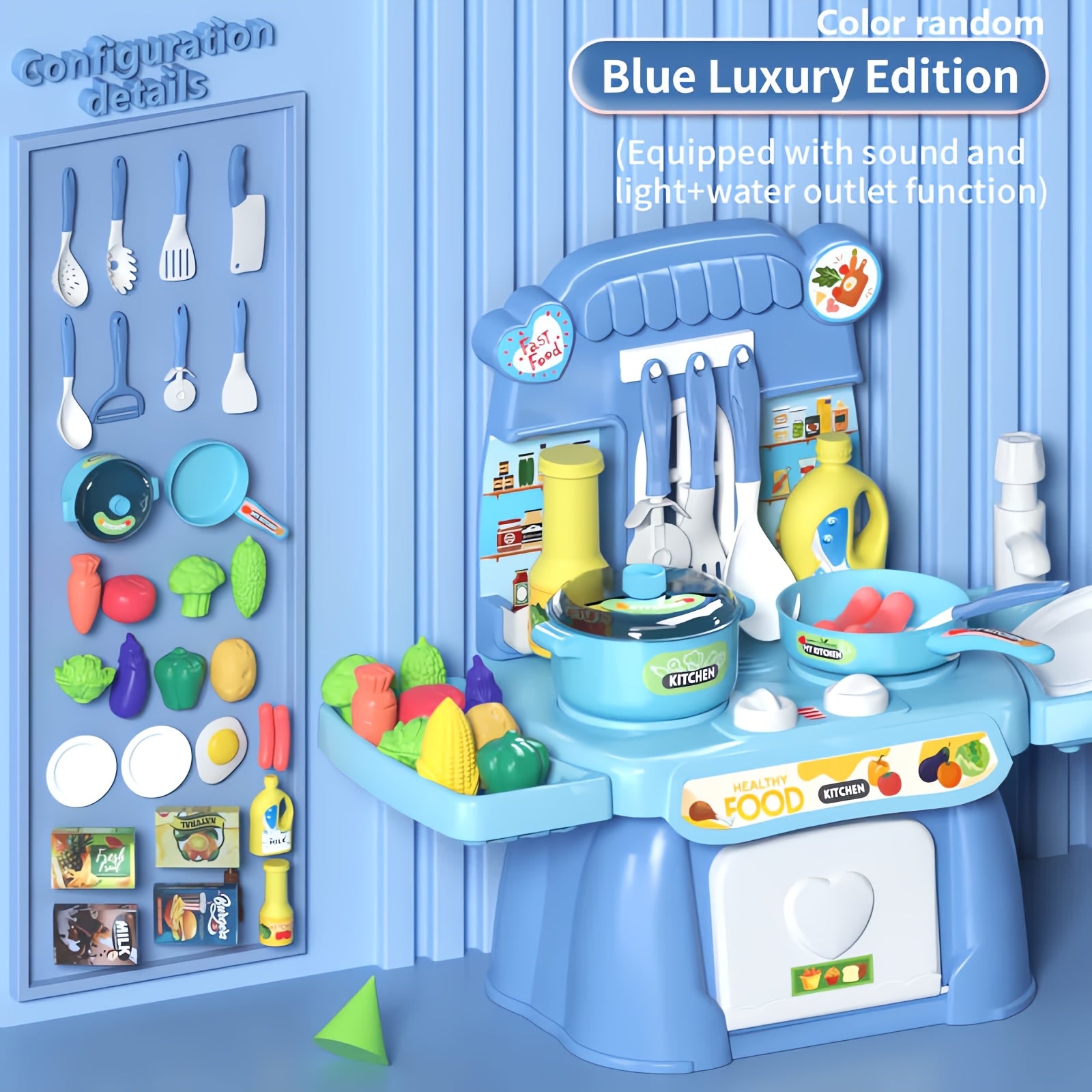 Pink Kids Kitchen Toy Set with Light and Sound, Food and Utensils, 3+