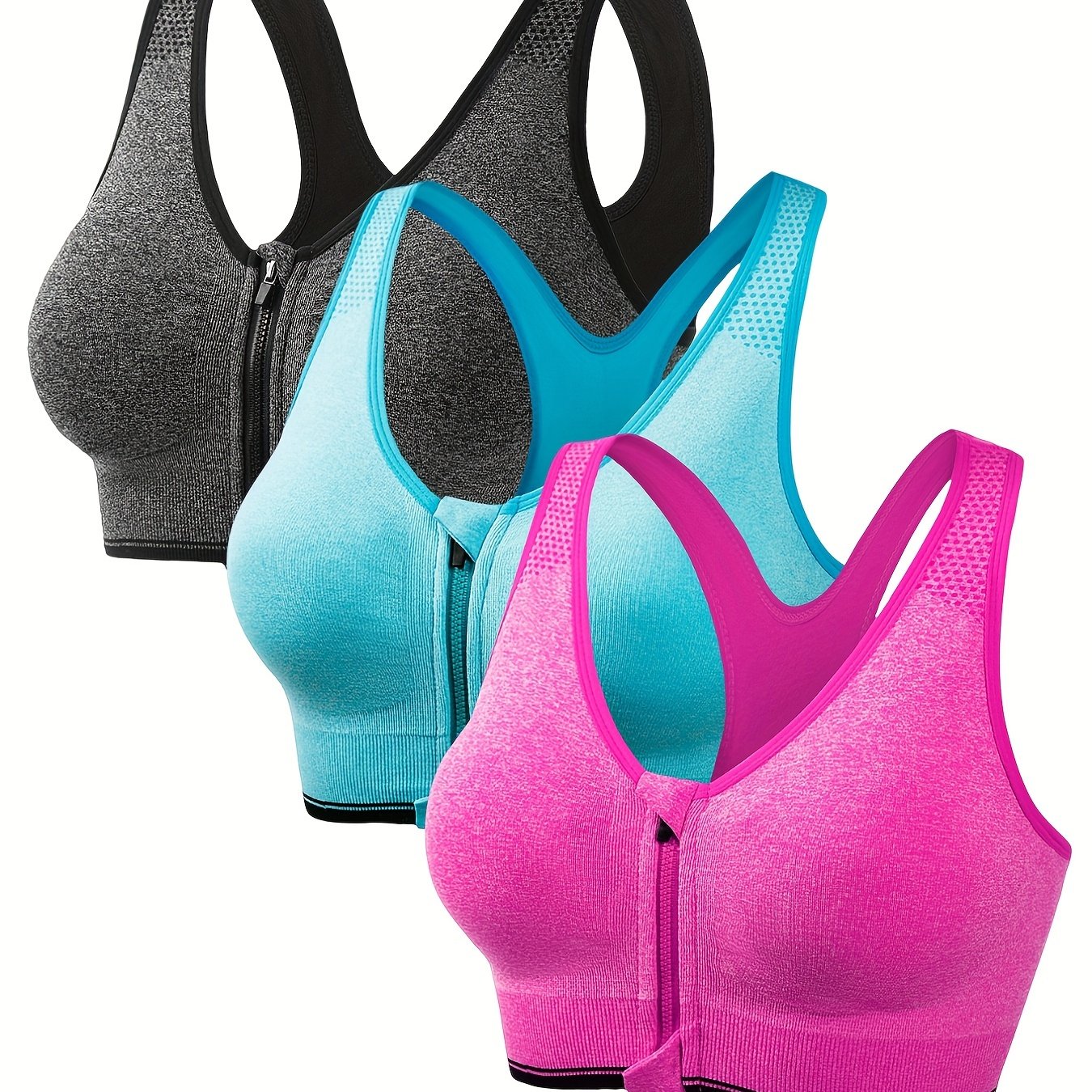 Women's Sports Bras Pack of 3 Front Zipper Yoga Running Comfortable Soft