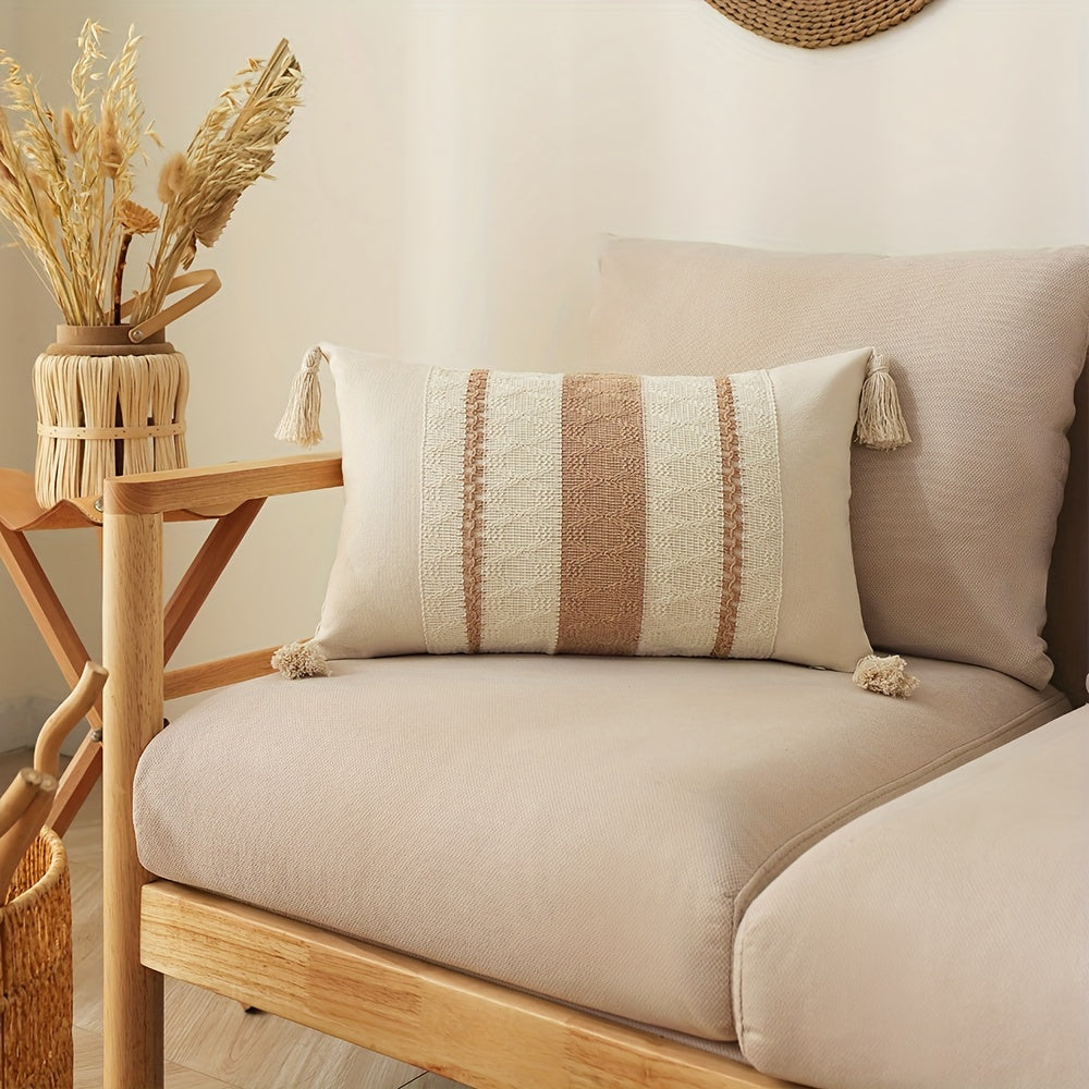 Bohemian Fringe Pillow Cover Geometric Pattern Orange Beige White Cushion Case for Sofa Decor