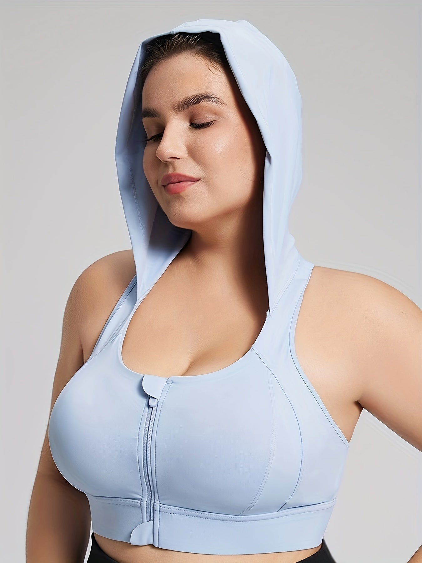 Plus Size Workout Zipper Front Bra with Hood and Chest Pads Activewear