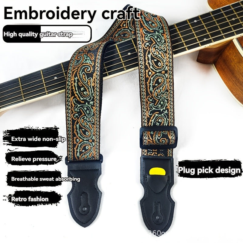 Wide Thick Embroidered Fabric Guitar Strap for Acoustic and Electric Bass with Mixed Colors