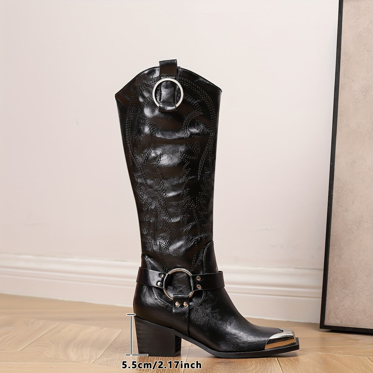 Женские кожаные сапоги в стиле вестерн с вышивкой, до середины икры, с квадратным носком