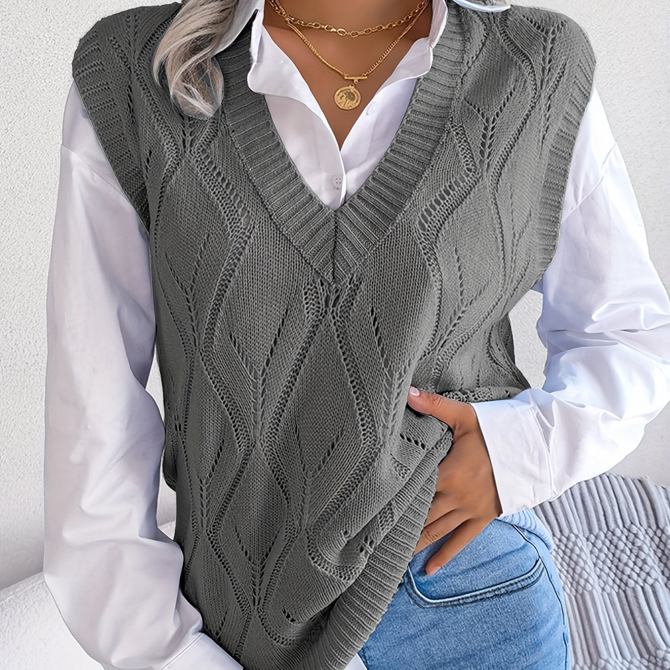 Plus Size Argyle Sweater Vest Women Preppy V Neck Sleeveless Clothing