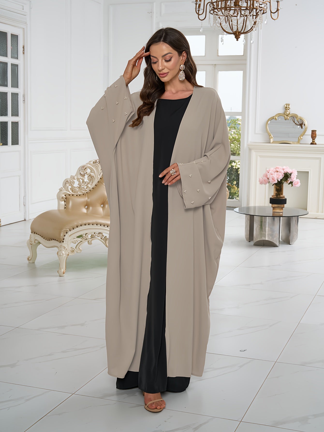 Plus Size Black Abaya With Pearl Embellishments for Women All-Season Kaftan
