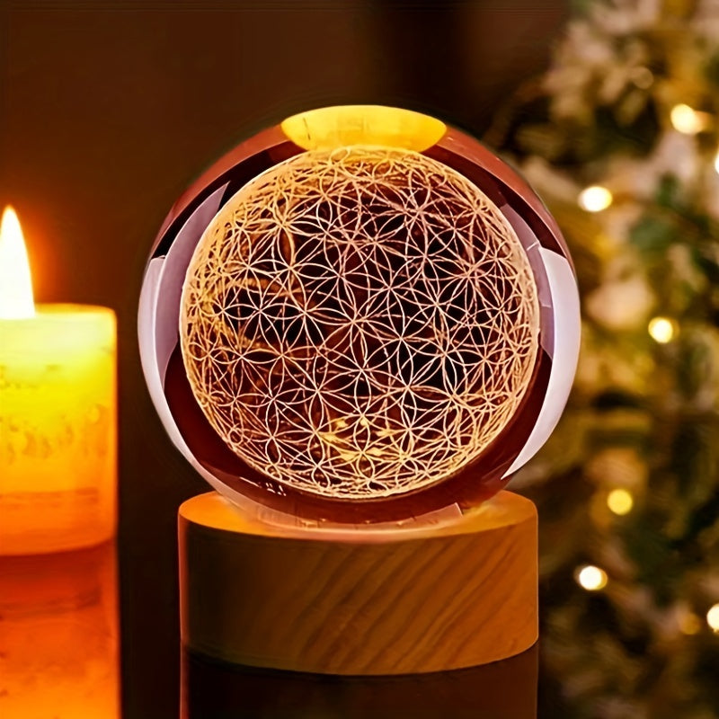 3D Crystal Ball Night Light with Color LED and Flower of Life Design for Home Decor