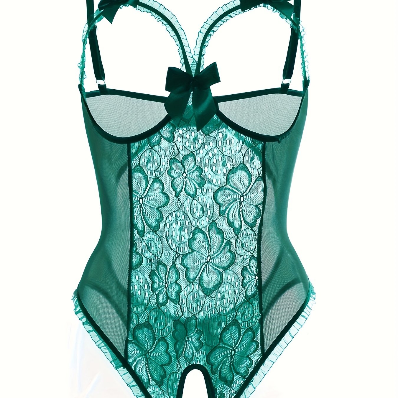 Gul naqshli dantel teddy, ochiq ko'krak va ochiq qorin bilan, ayollar uchun ruffle bodysuit ichki kiyim.