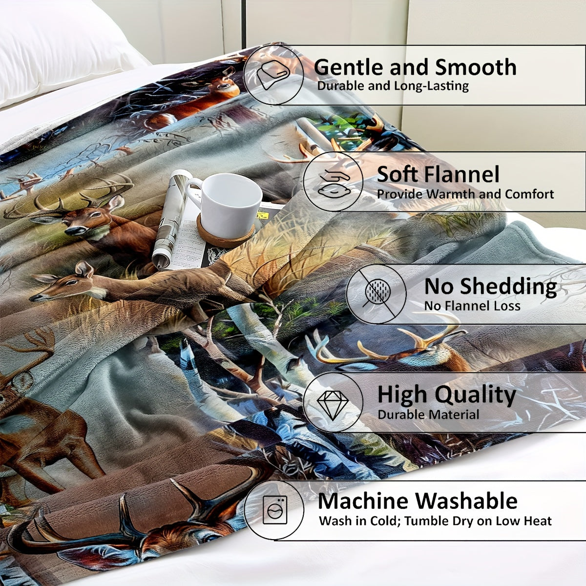 Plush Flannel Deer-Design Throw Blanket for Couch Bed Travel All-Season