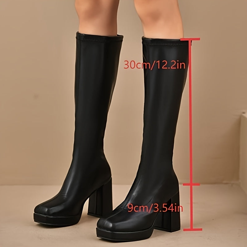Women's Vintage-Style Knee-High Boots Black Soft Square Toe Block Heel