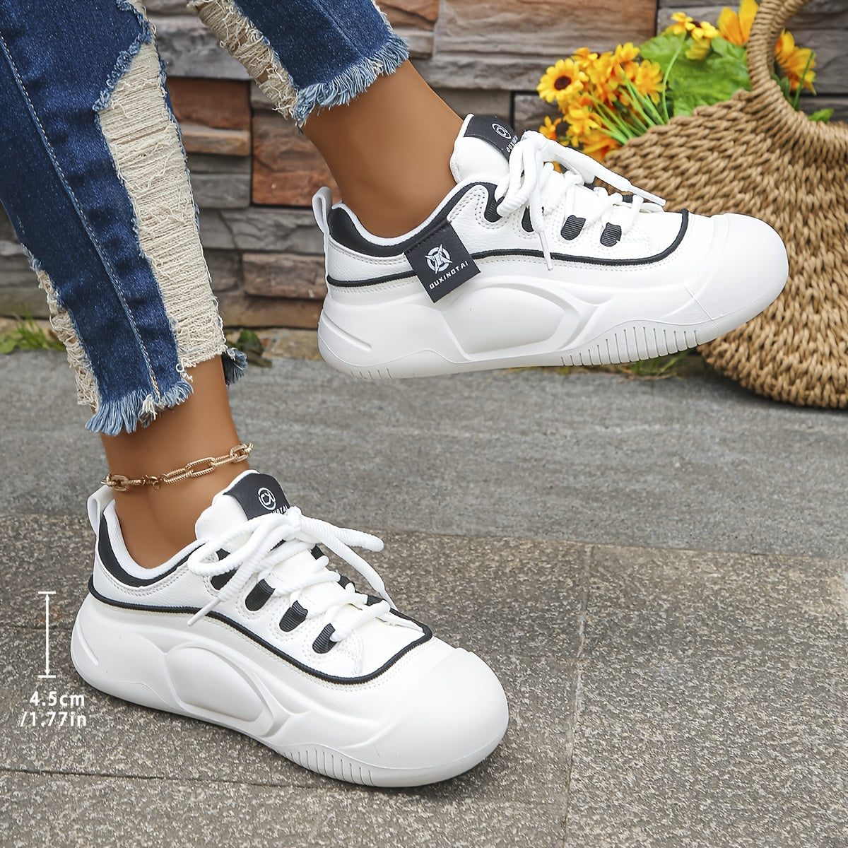 Women's Casual Low-Top Lace-Up Sneakers White Navy Blue Lightweight Faux Cover Round Toe