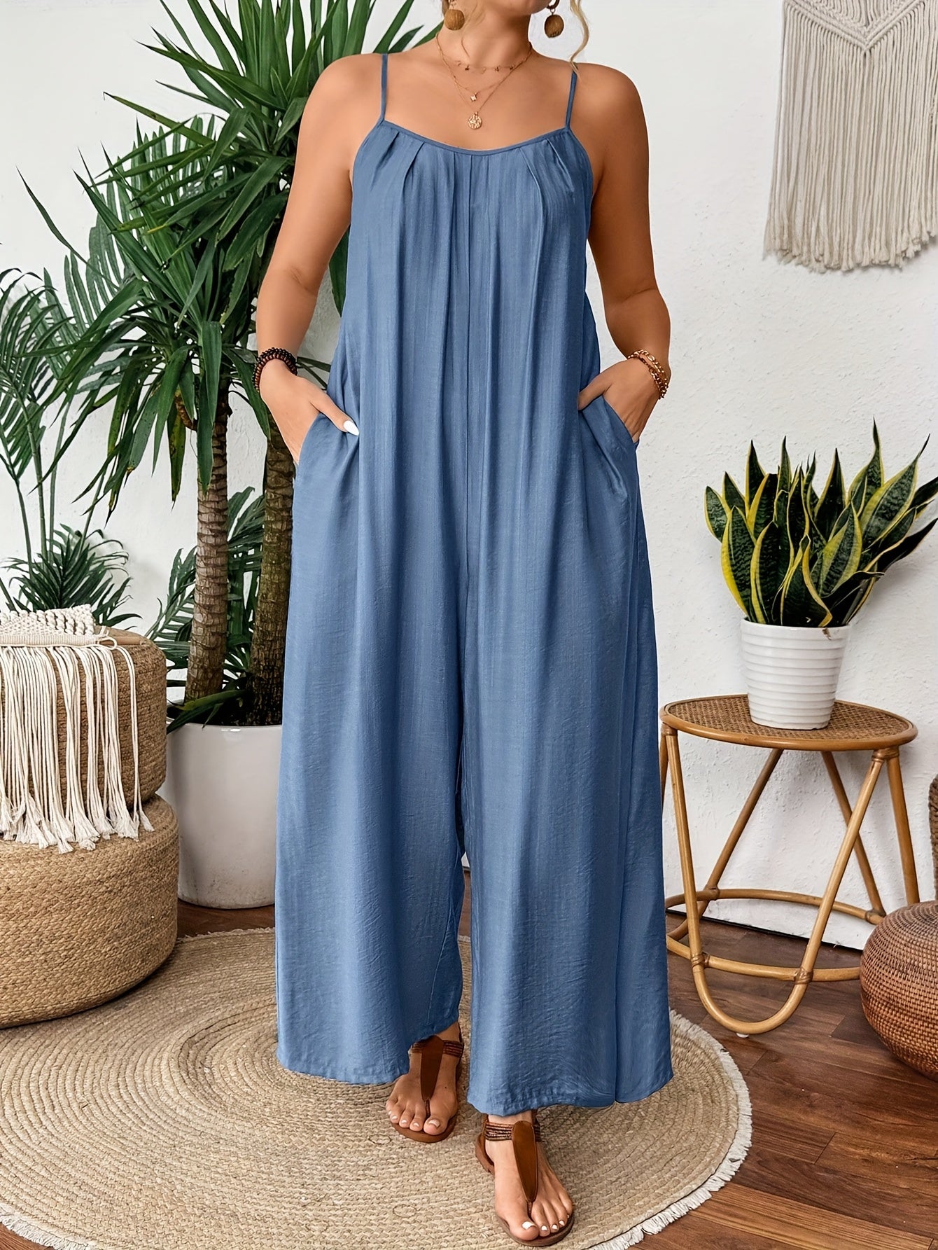 Plus Size Women's Light Blue Wide Leg Jumpsuit with Pockets